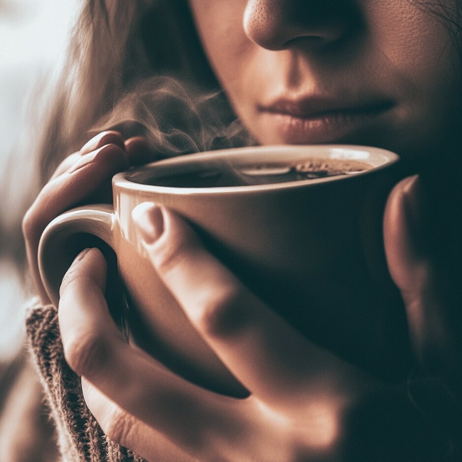 Teplá káva v ženských rukou, ideální pro příjemná rána nebo chvíle odpočinku v interiéru.