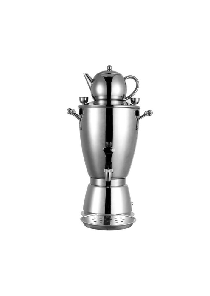 Elegantní samovar z nerezové oceli s konvicí na čaj, který je ideální pro servírování čaje a stylové doplnění každého setkání.