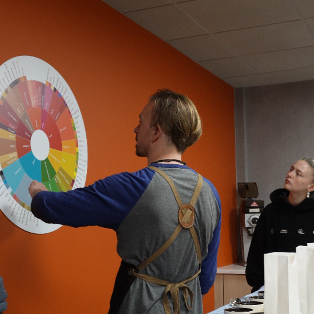 Barista explaining coffee flavour wheel to attentive audience in a café setting, enhancing coffee knowledge and skills.