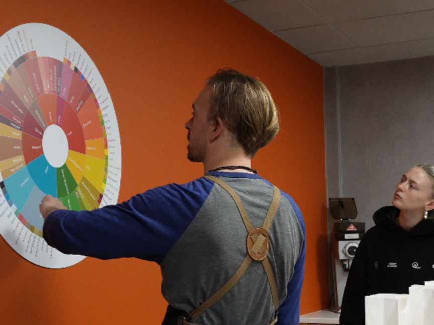 Barista explaining coffee flavour wheel to attentive audience in a café setting, enhancing coffee knowledge and skills.