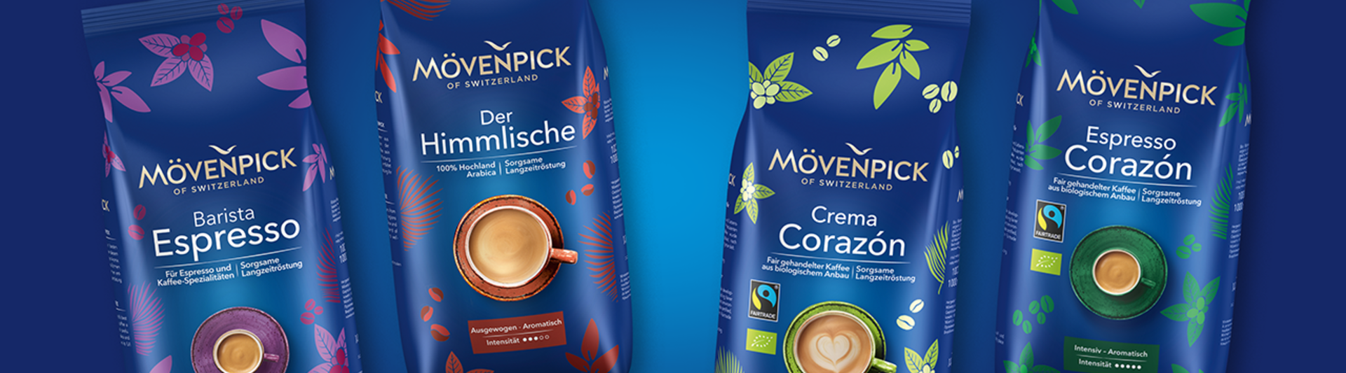 Mövenpick coffee bags featuring Barista Espresso, Der Himmlische, Crema Corazón, and Espresso Corazón against a blue background.