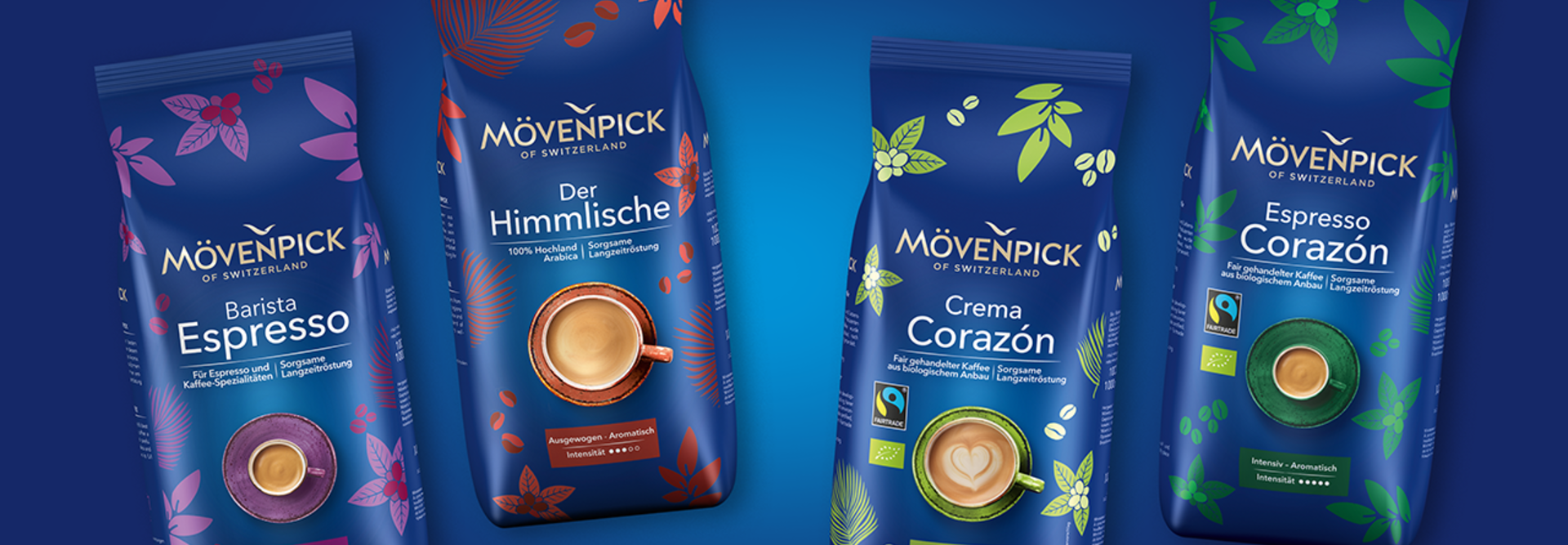 Mövenpick coffee bags featuring Barista Espresso, Der Himmlische, Crema Corazón, and Espresso Corazón against a blue background.