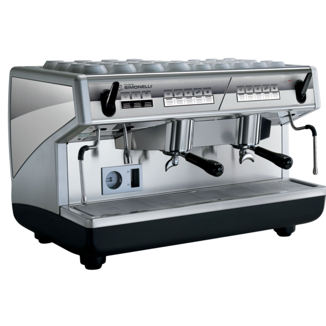 Professional espresso machine with sleek silver design, perfect for coffee enthusiasts and cafés in need of quality brews.
