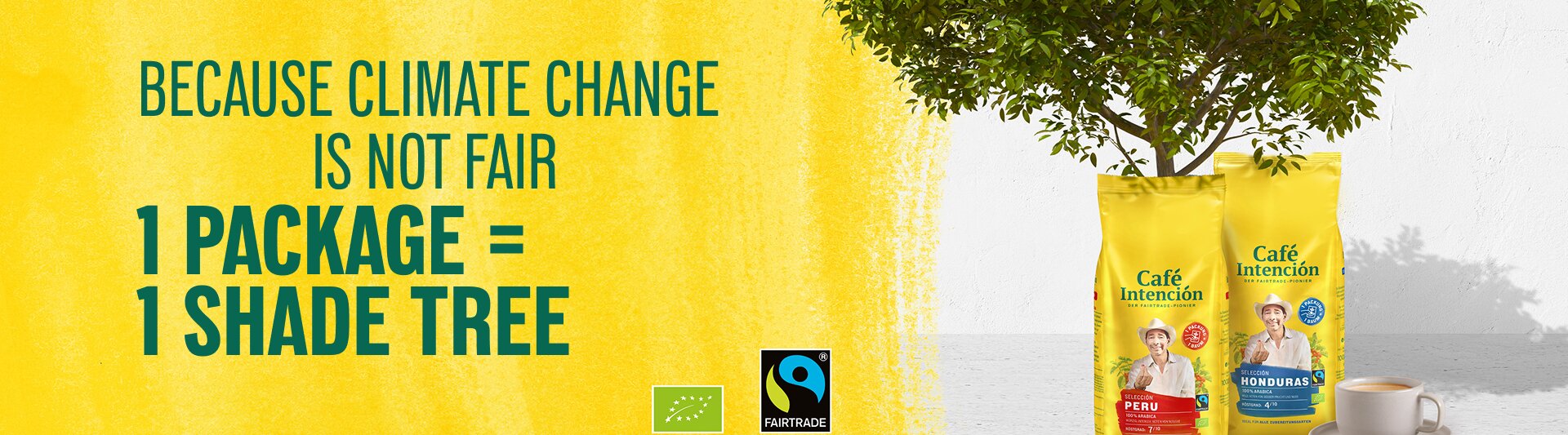 Café Intención promotes sustainability: one package equals one shade tree to combat climate change. Enjoy responsibly sourced coffee.