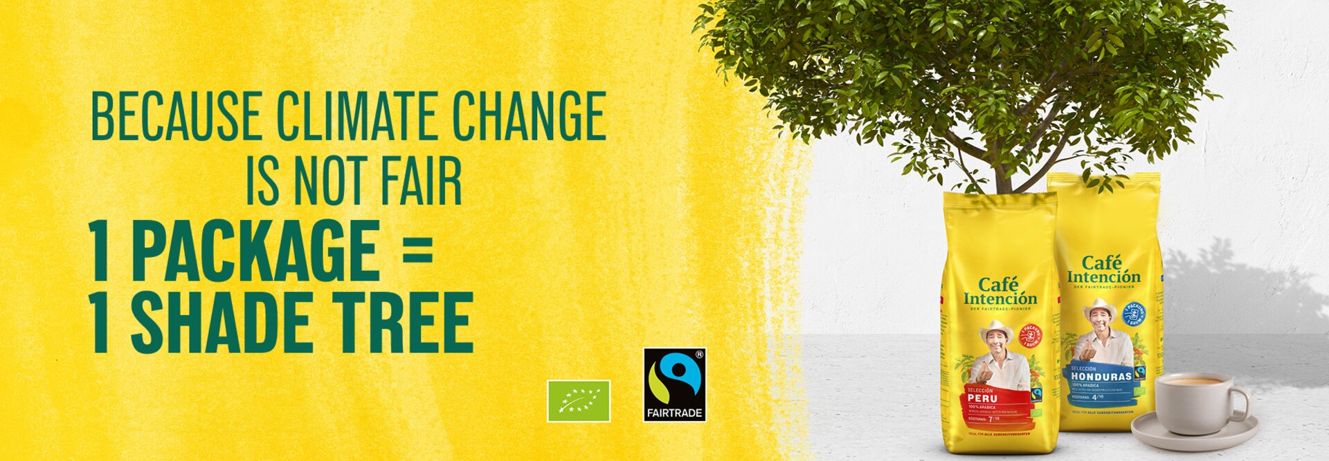 Café Intención promotes sustainability: one package equals one shade tree to combat climate change. Enjoy responsibly sourced coffee.