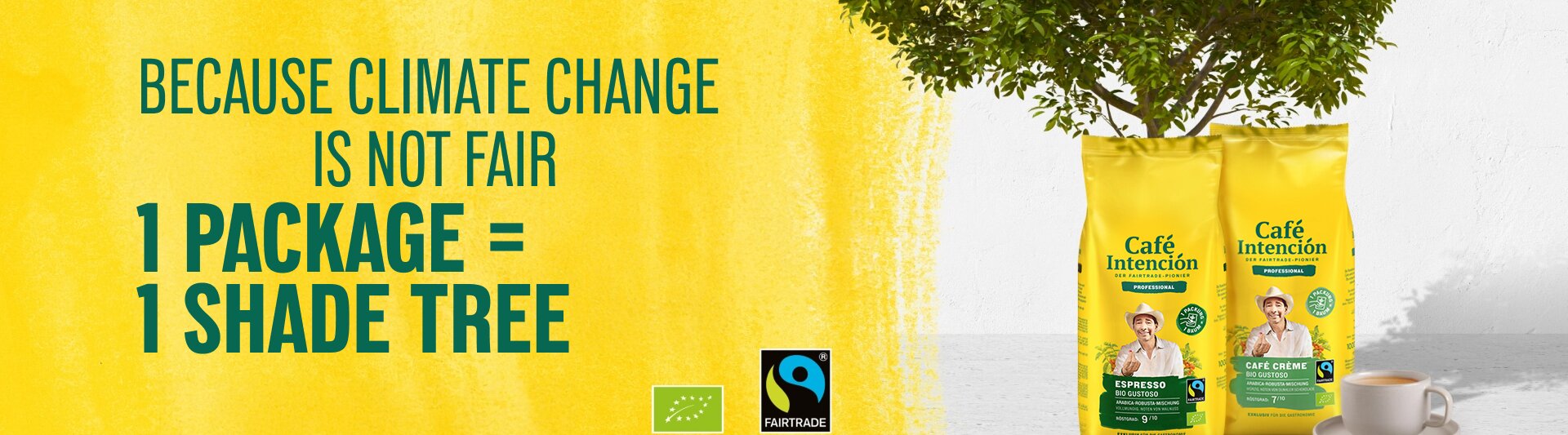 Fairtrade coffee bags promote climate action—one package equals one shade tree. Enjoy sustainable coffee responsibly.