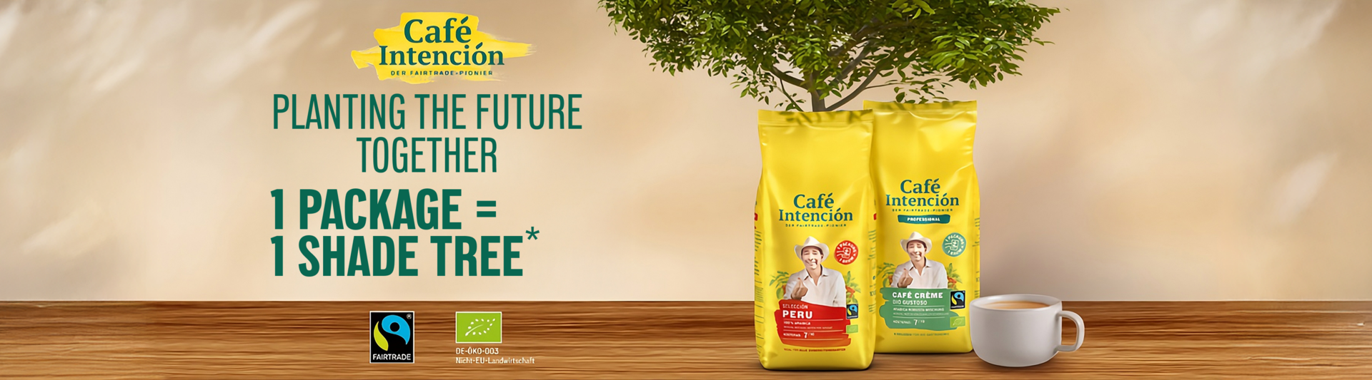 Café Intención promotes sustainable coffee with packaging supporting tree planting and Fairtrade practices.