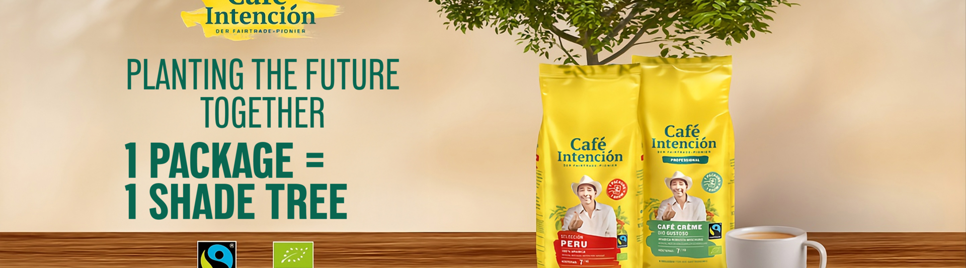 Café Intención promotes sustainable coffee with packaging supporting tree planting and Fairtrade practices.