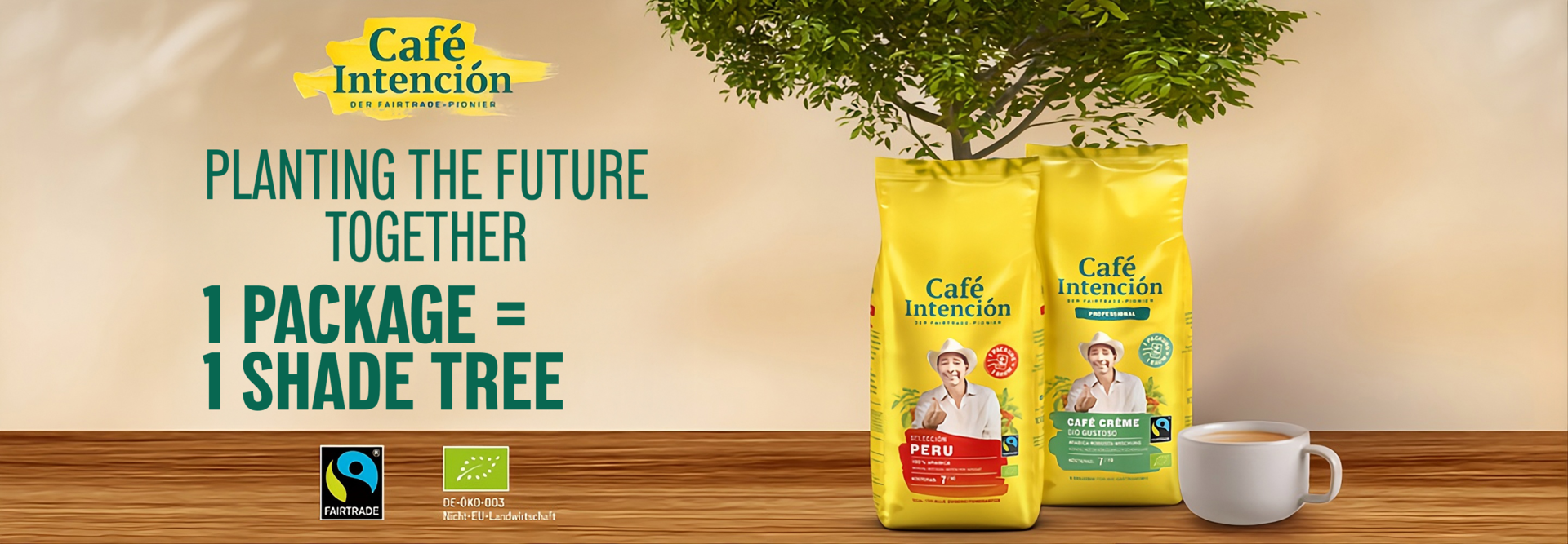 Café Intención promotes sustainable coffee with packaging supporting tree planting and Fairtrade practices.
