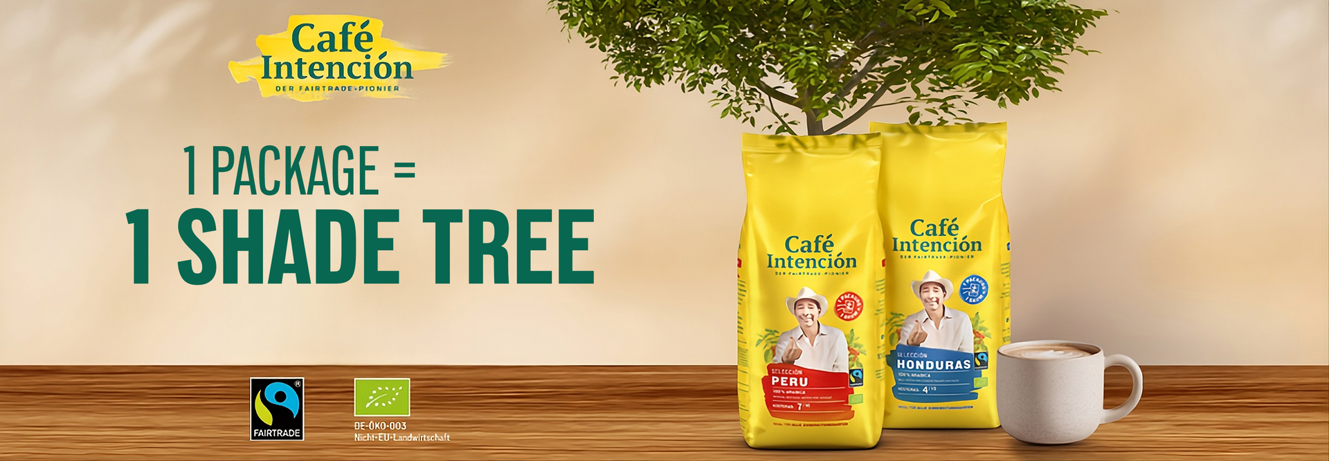 Café Intención packaging promotes sustainability, with each purchase supporting tree planting for a greener planet.