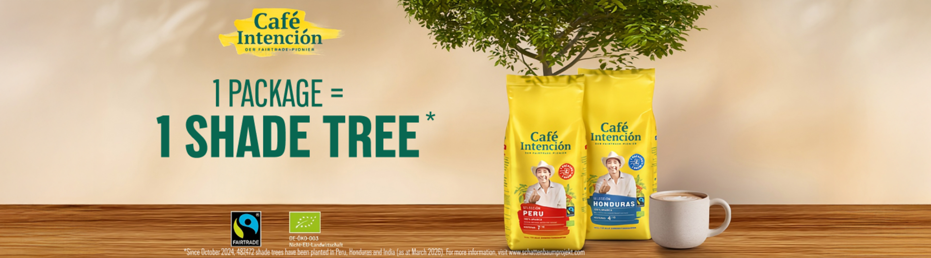 Café Intención packaging promotes sustainability, with each purchase supporting tree planting for a greener planet.