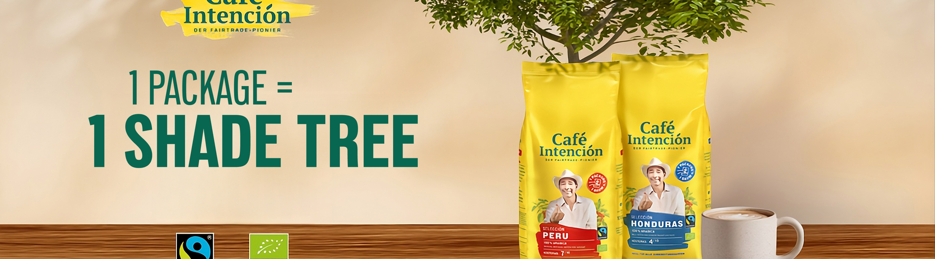 Café Intención packaging promotes sustainability, with each purchase supporting tree planting for a greener planet.