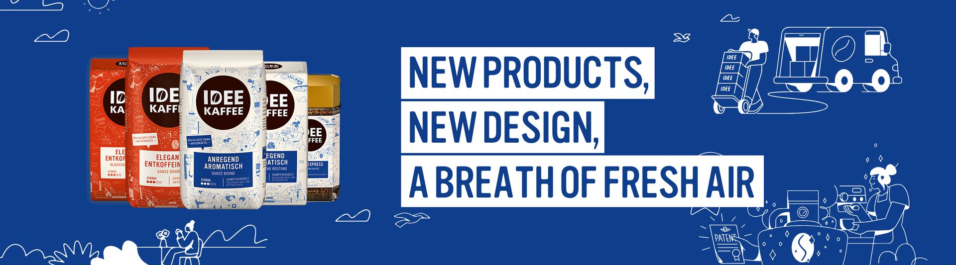 New IDEE KAFFEE products showcased with vibrant packaging and fresh designs, perfect for coffee lovers.