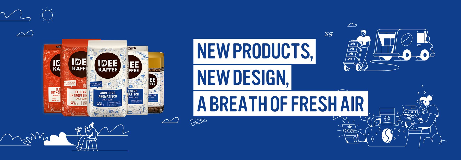New IDEE KAFFEE products showcased with vibrant packaging and fresh designs, perfect for coffee lovers.