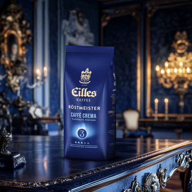 Eilles Kaffee Röstmeister Caffè Crema est présenté avec élégance dans un cadre luxueux, mettant en valeur son aspect torréfié classique.