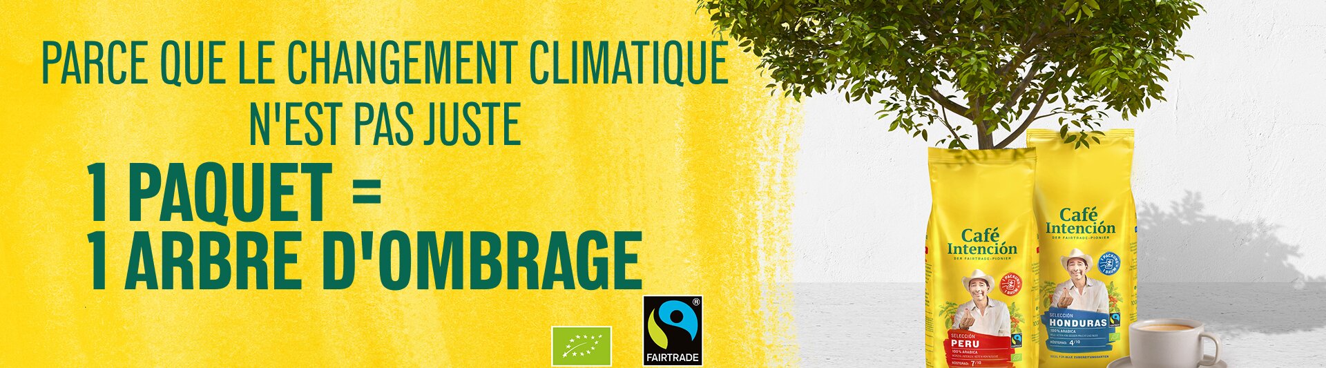 Sacs Café Intención avec un arbre et une tasse de café, promouvant le développement durable et les initiatives de culture de café Fairtrade.