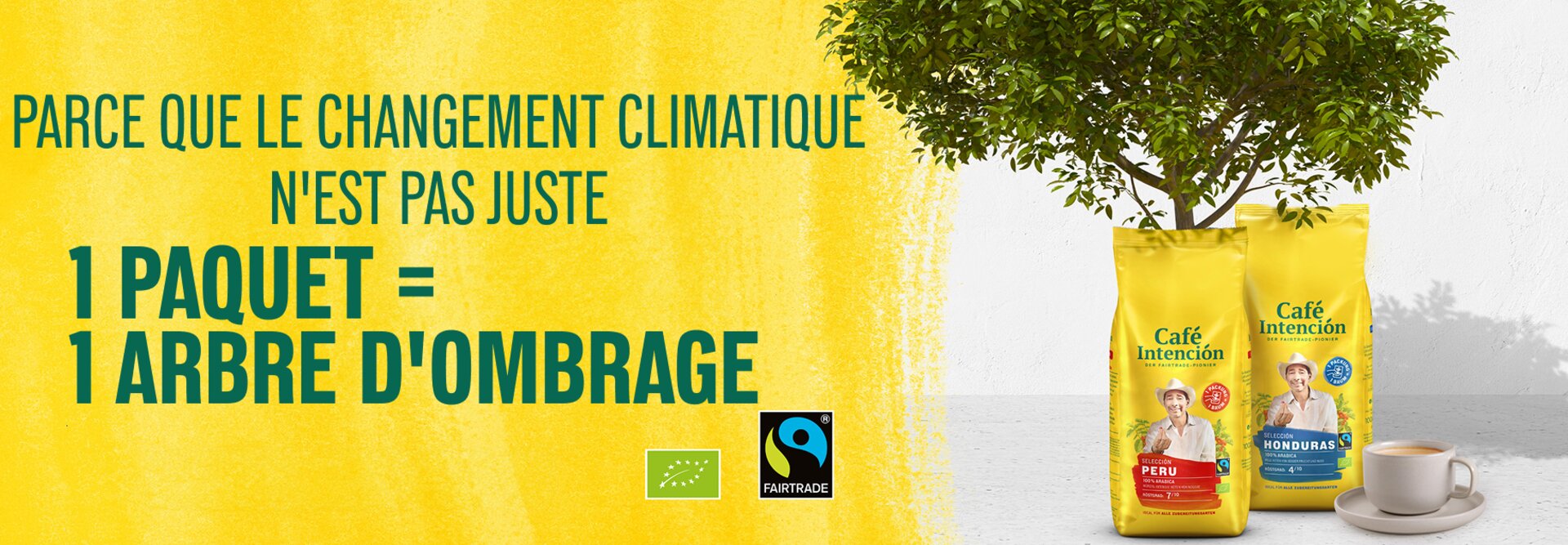 Sacs Café Intención avec un arbre et une tasse de café, promouvant le développement durable et les initiatives de culture de café Fairtrade.