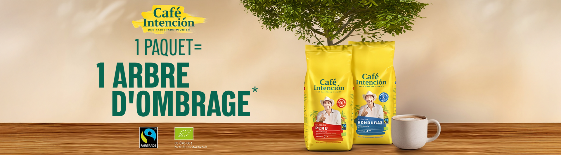 Sacs Café Intención avec un arbre et une tasse de café, promouvant le développement durable et les initiatives de culture de café Fairtrade.