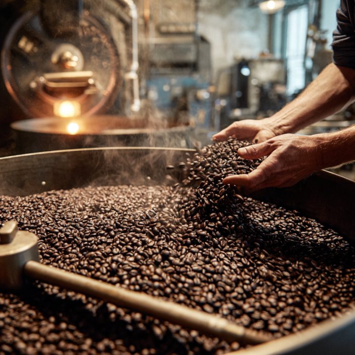 Des mains d'artisans mélangent habilement des grains de café torréfiés dans une grande machine de torréfaction, mettant en valeur l'alchimie de l'artisanat du café.