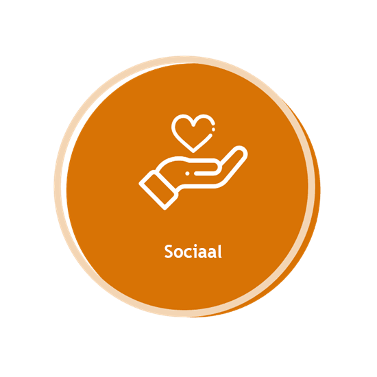 Hand die een hartpictogram aanbiedt, dat staat voor sociale zorg en gemeenschapsondersteuning, met daaronder het woord "Sociaal".