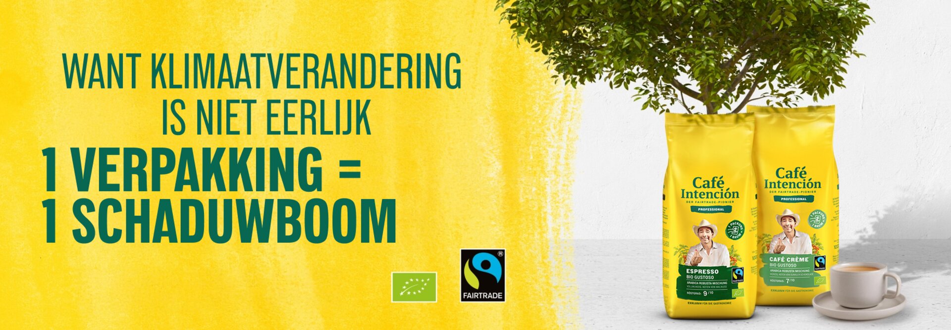 Café Intención fair trade koffietassen naast een plant, om duurzaamheid en klimaatbewustzijn te promoten.