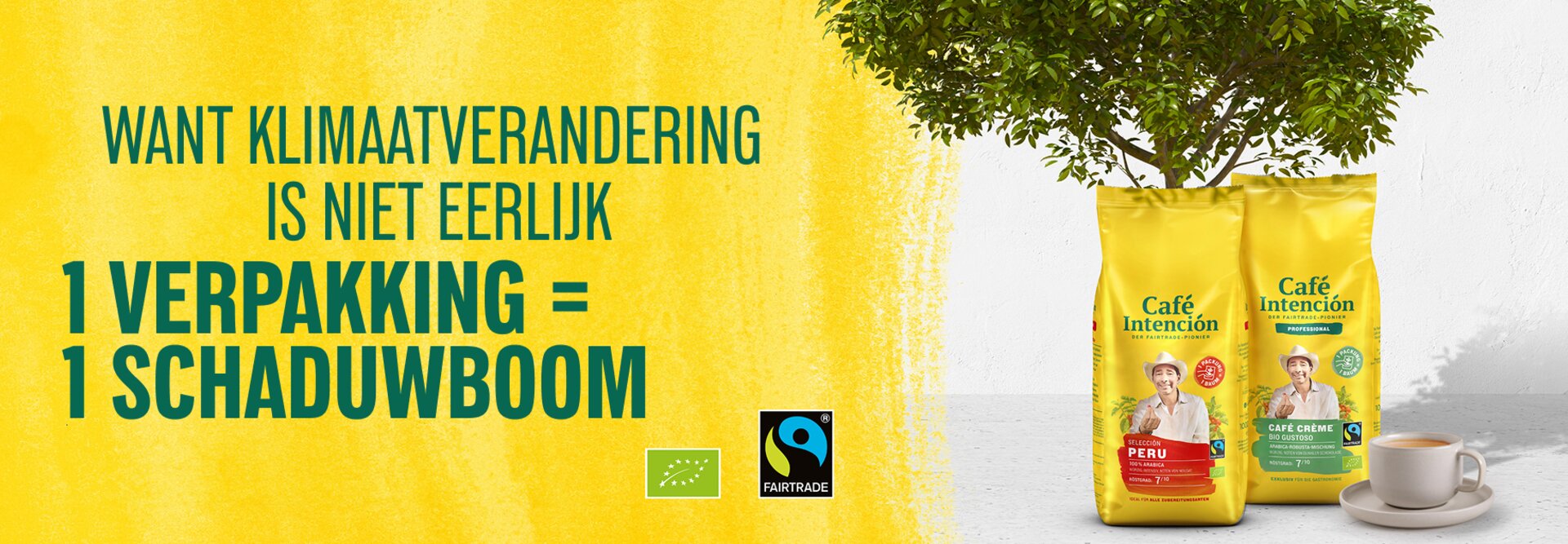 De verpakking van Café Intención laat Fairtrade koffie zien en benadrukt duurzame praktijken met een schaduwboomconcept.