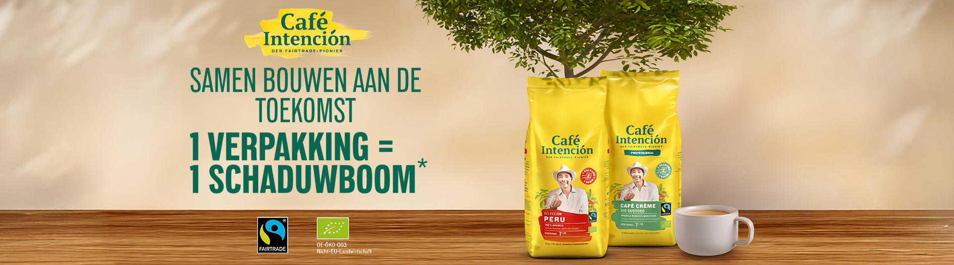 De verpakking van Café Intención laat Fairtrade koffie zien en benadrukt duurzame praktijken met een schaduwboomconcept.
