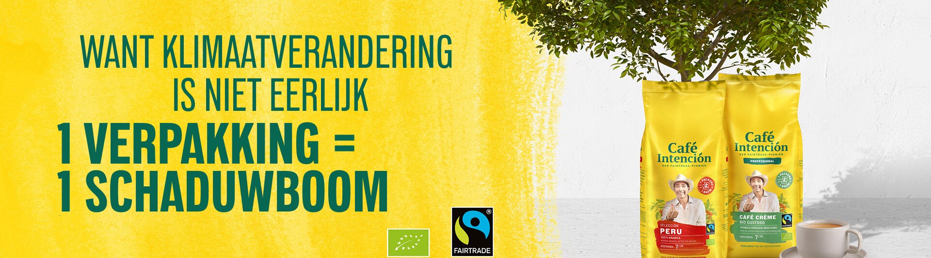 De verpakking van Café Intención laat Fairtrade koffie zien en benadrukt duurzame praktijken met een schaduwboomconcept.