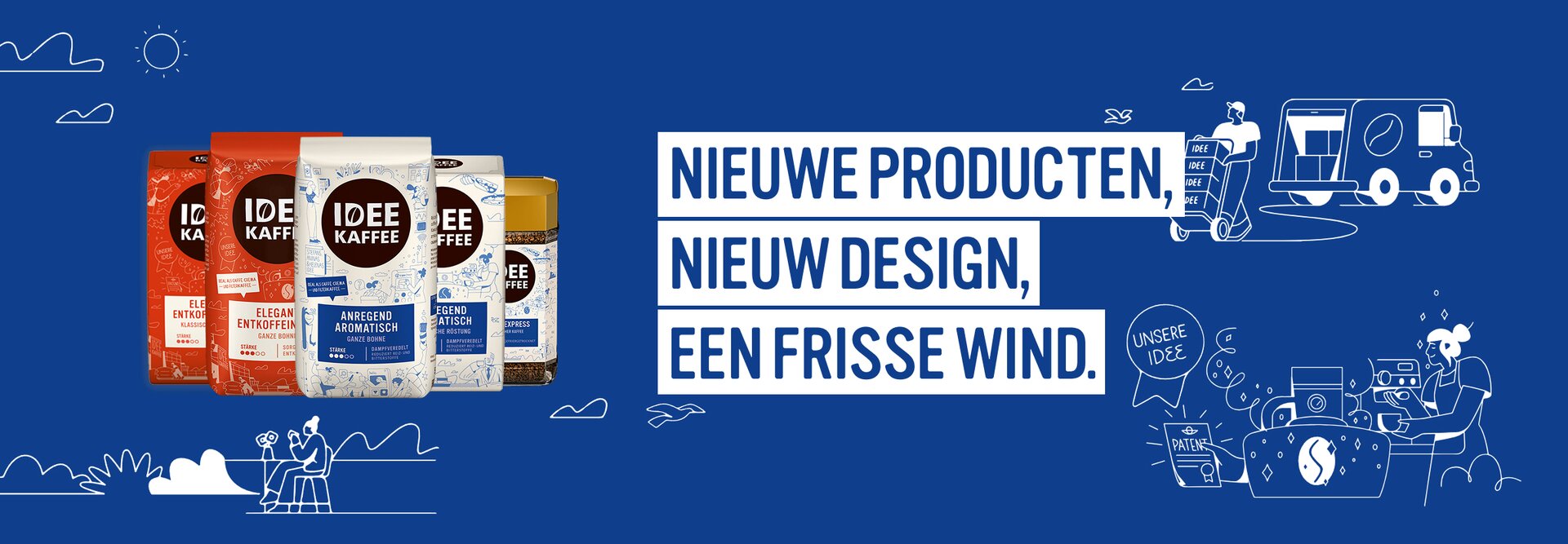 Fris verpakkingsontwerp voor Idee Kaffee met verschillende koffieproducten en een levendige blauwe achtergrond.