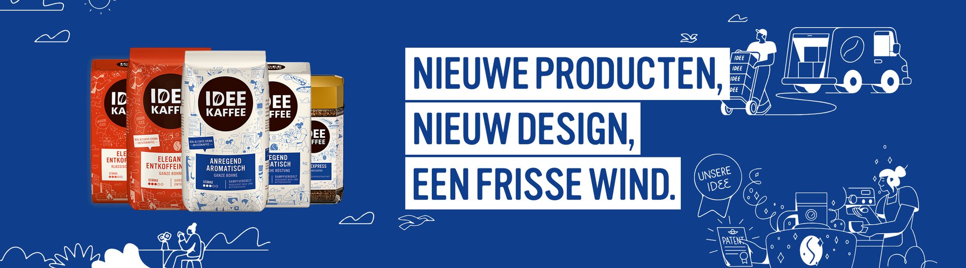 Fris verpakkingsontwerp voor Idee Kaffee met verschillende koffieproducten en een levendige blauwe achtergrond.