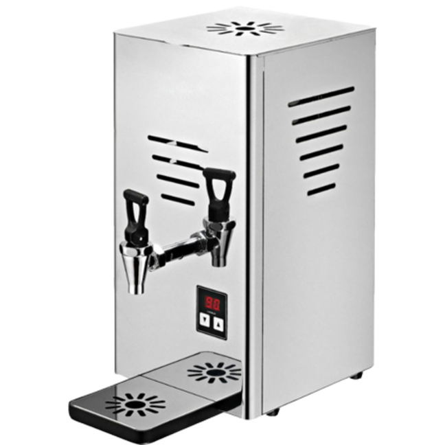 Roestvrijstalen instant waterkoker met twee kranen en een digitaal temperatuurdisplay, ideaal voor keukens en cafés.