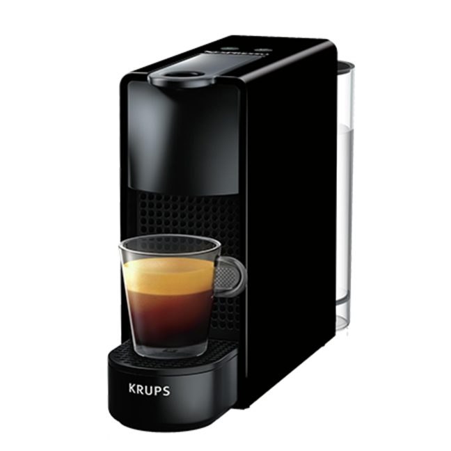 Strakke zwarte KRUPS koffiemachine die een perfecte espresso zet in een helder glazen kopje. Ideaal voor koffieliefhebbers.