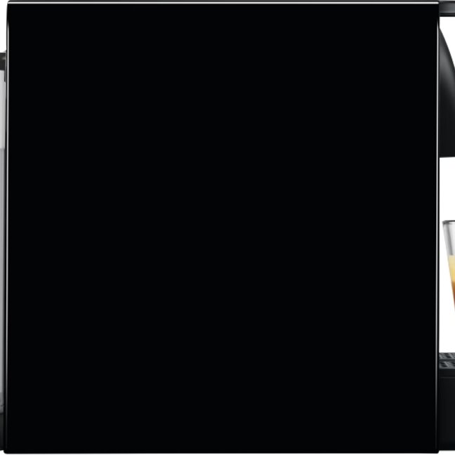 Strak zwart koffiezetapparaat met een helder waterreservoir, dat een vers gezette espresso serveert in een glazen kopje.