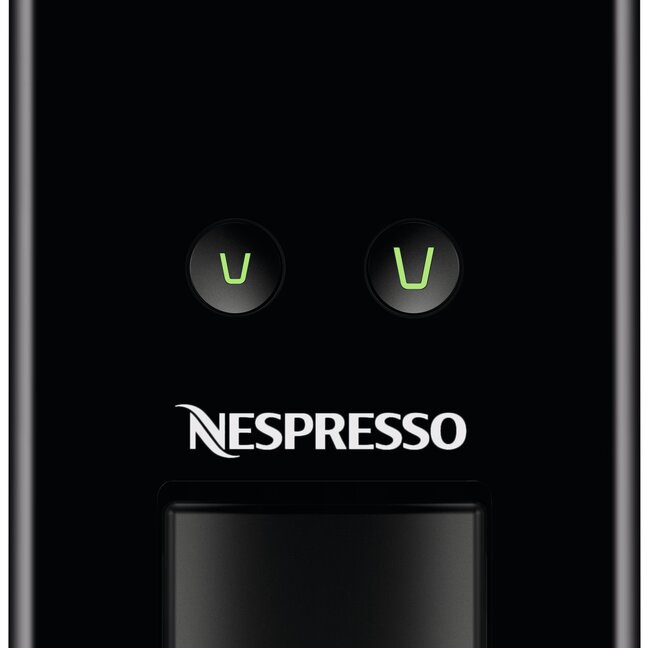 Nespresso koffiemachine in een strak zwart design, met twee bedieningsknoppen voor perfect koffiezetten thuis.