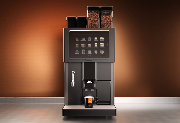 Strakke koffiemachine met touchscreen die verschillende koffieopties toont en voorzien is van koffiebonenbussen.