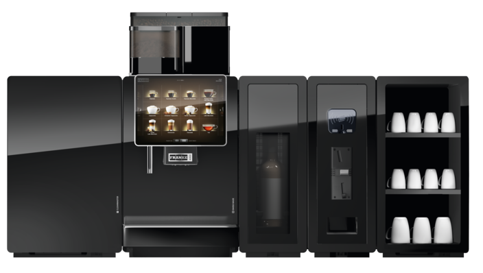 Franke A800 zwarte koffiemachine met module voor ijskoffie en touchscreen, ideaal voor cafés en restaurants.