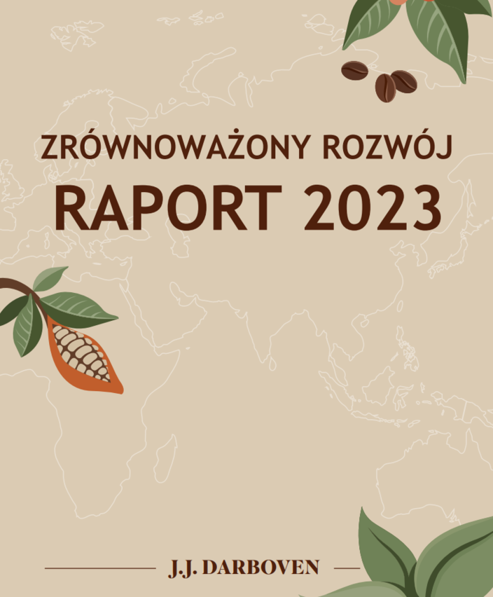 Raport Zrównoważonego Rozwoju 2023 autorstwa J.J. Darboven, zawierający ilustracje kawy i kakao na tle mapy świata.