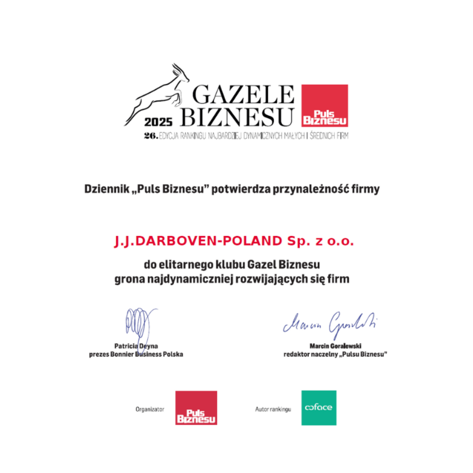 Certyfikat potwierdzający członkostwo J.J. DARBOVEN-POLSKA w klubie Gazele Biznesu dla dynamicznych firm.