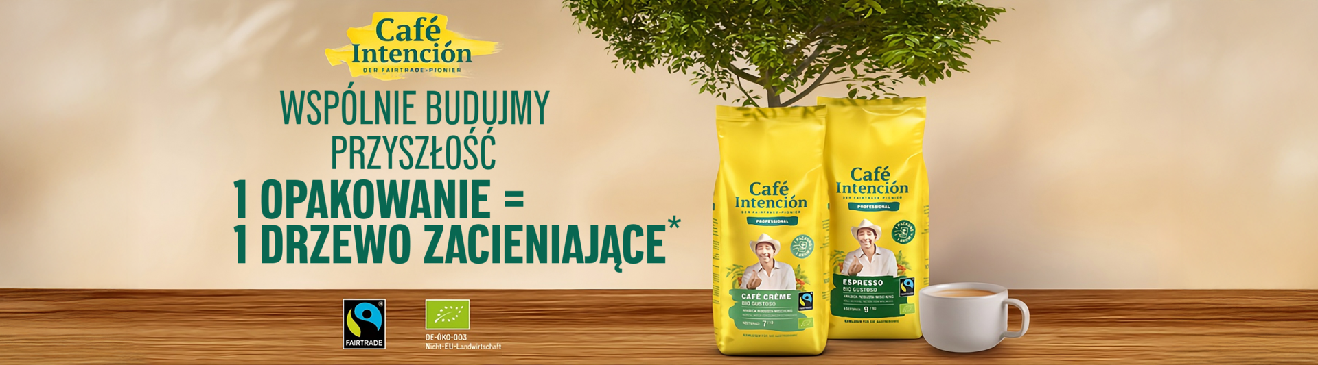 Torebki z kawą fairtrade Café Intención promują sadzenie drzew w imię sprawiedliwości klimatycznej, a ich opakowania są w żywym żółtym kolorze.