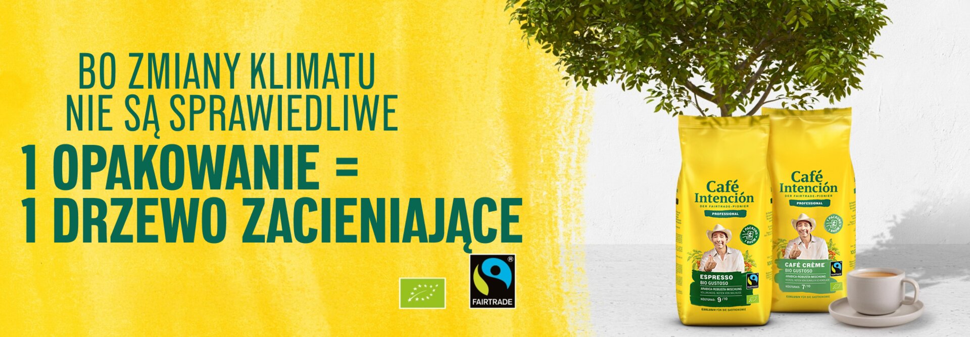 Torebki z kawą fairtrade Café Intención promują sadzenie drzew w imię sprawiedliwości klimatycznej, a ich opakowania są w żywym żółtym kolorze.