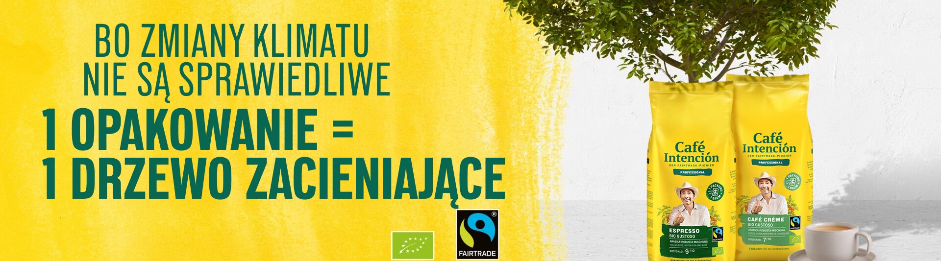 Torebki z kawą fairtrade Café Intención promują sadzenie drzew w imię sprawiedliwości klimatycznej, a ich opakowania są w żywym żółtym kolorze.