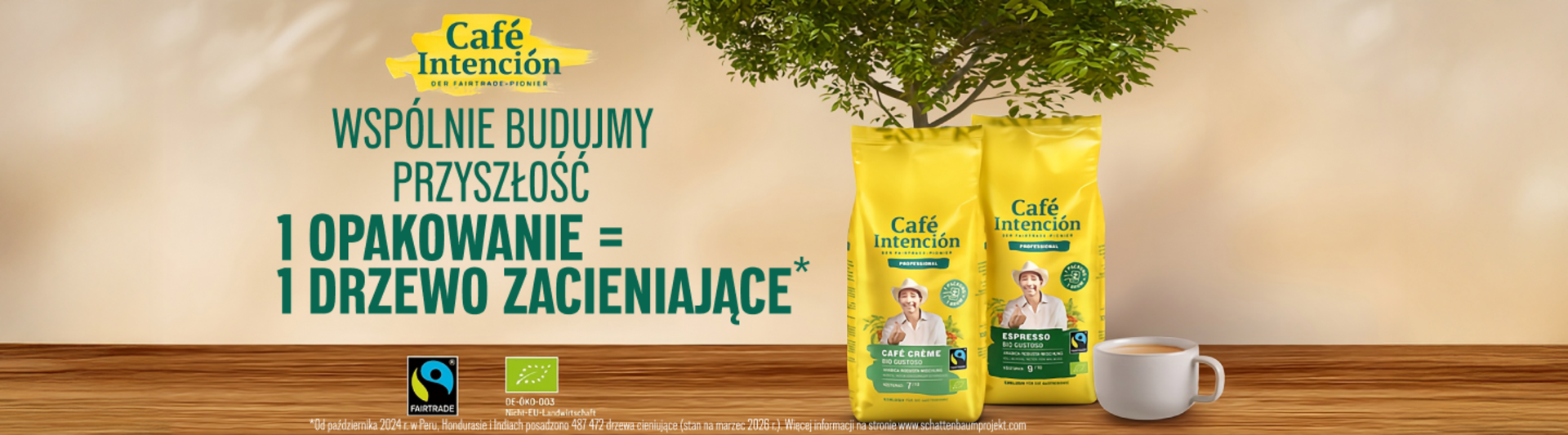 Torebki z kawą fairtrade Café Intención promują sadzenie drzew w imię sprawiedliwości klimatycznej, a ich opakowania są w żywym żółtym kolorze.