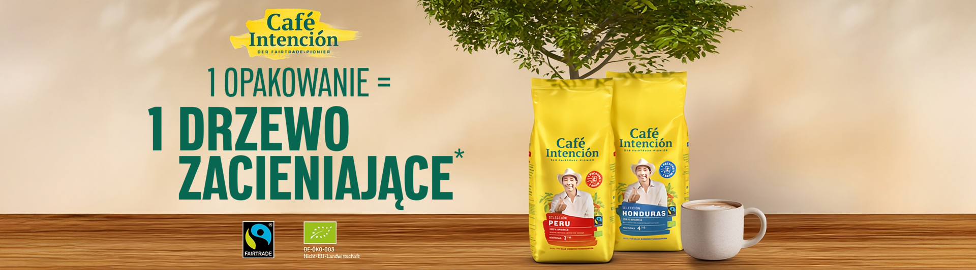 Café Intención promuje zrównoważony rozwój: każda paczka przyczynia się do sadzenia drzew w cieniu. Ciesz się kawą pochodzącą ze sprawiedliwego handlu.