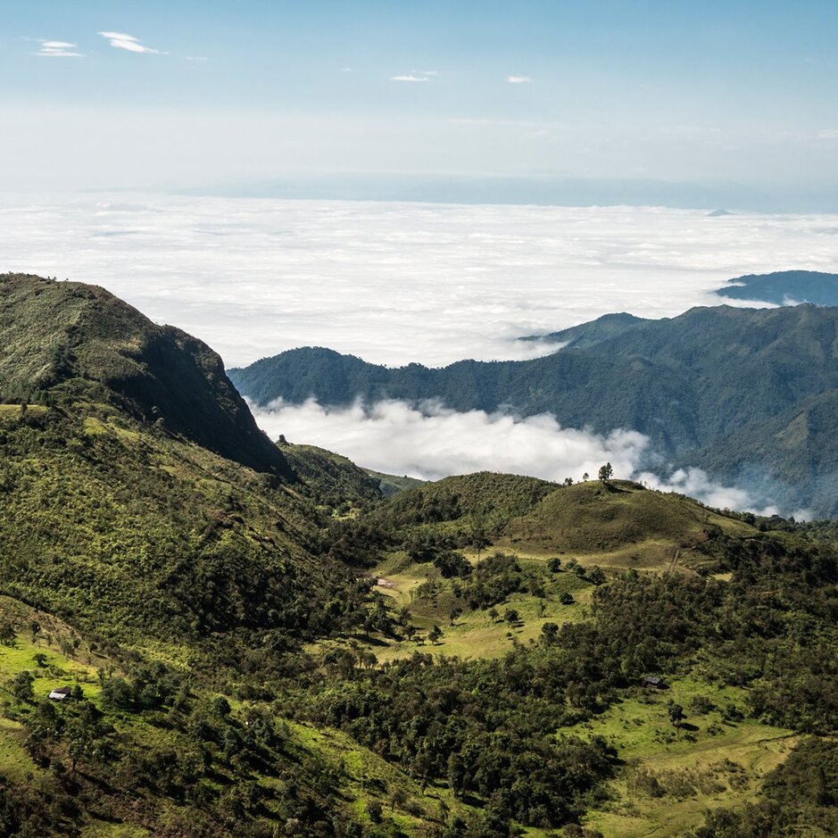 Atemberaubende Aussicht auf sanfte grüne Hügel über den Wolken, atemberaubende Berglandschaften und ein klarer blauer Himmel.