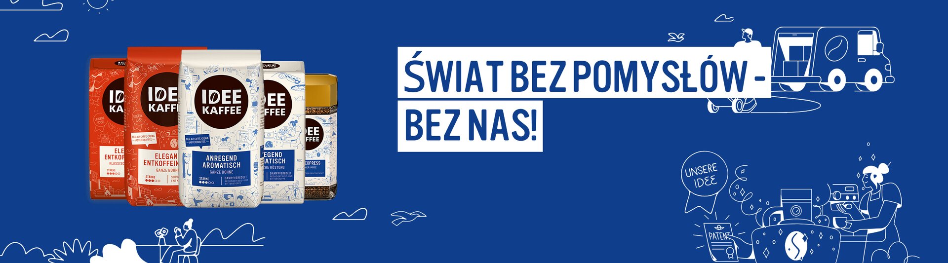 Produkty kawowe od IDEE Kaffe z żywym niebieskim tłem i kreatywnymi ilustracjami promującymi wysokiej jakości kawę.