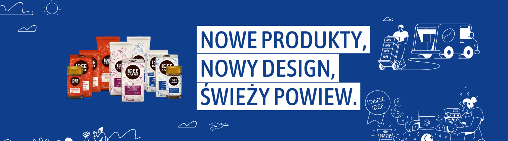 Nowe produkty Idee Kaffee prezentowane na niebieskim tle, ze świeżymi wzorami i różnymi mieszankami kawy.