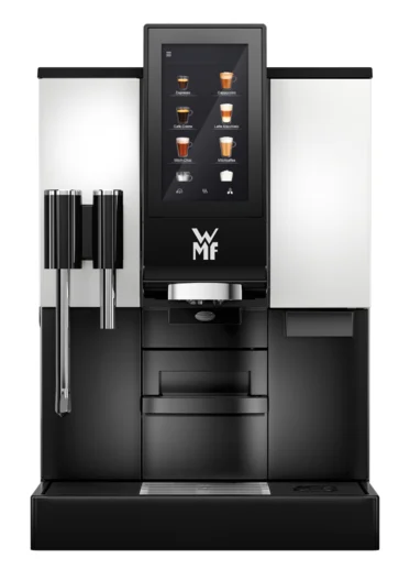 Ekspres do kawy WMF 1100S o eleganckim wyglądzie z ekranem dotykowym do przygotowywania spersonalizowanych napojów kawowych. Idealny do kawiarni.