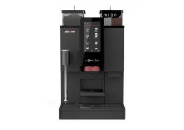 Ekspres do kawy Schaerer Coffee Club o eleganckim czarnym designie, idealny do kawiarni, zapewniający wysokiej jakości napary bez wysiłku.