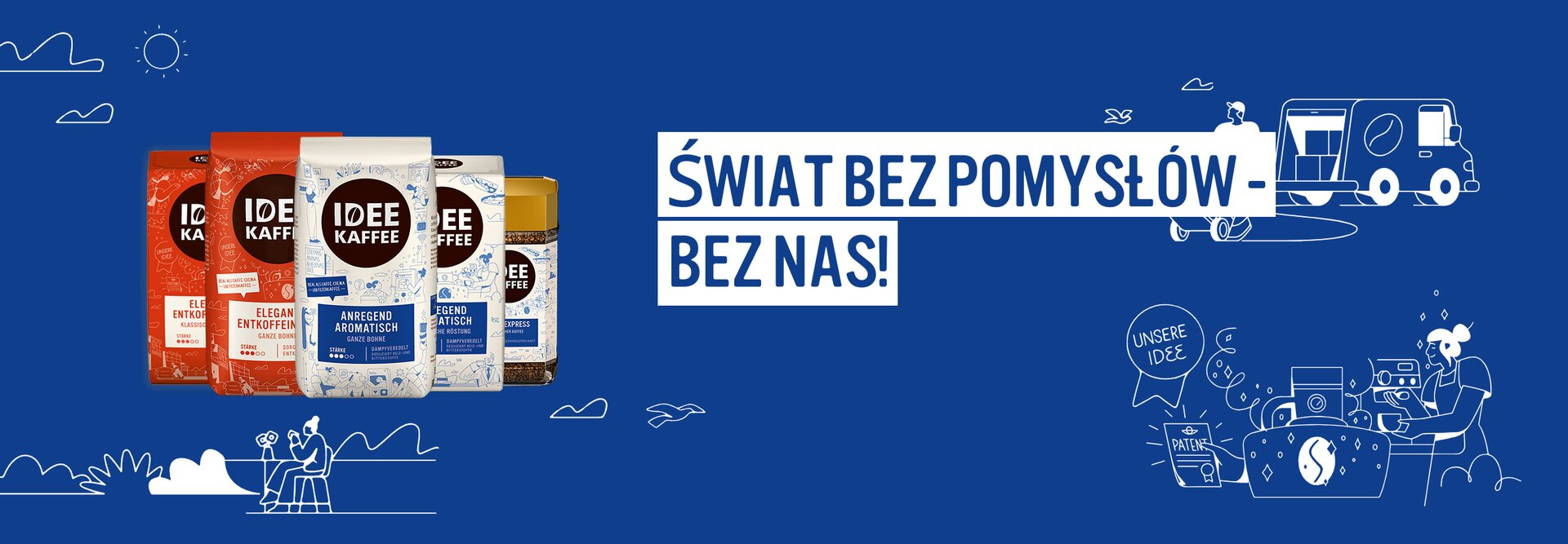 Produkty kawowe od IDEE Kaffe z żywym niebieskim tłem i kreatywnymi ilustracjami promującymi wysokiej jakości kawę.