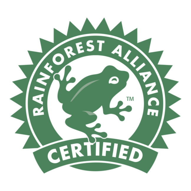 Logo Rainforest Alliance Certified z zieloną żabą, promujące zrównoważony rozwój i ochronę środowiska.